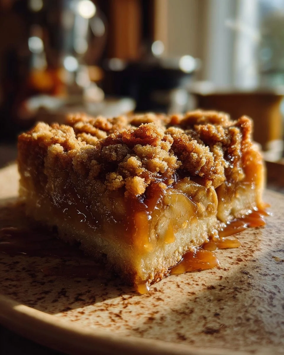 Delicious salted caramel apple crumble bars topped with a crumble topping