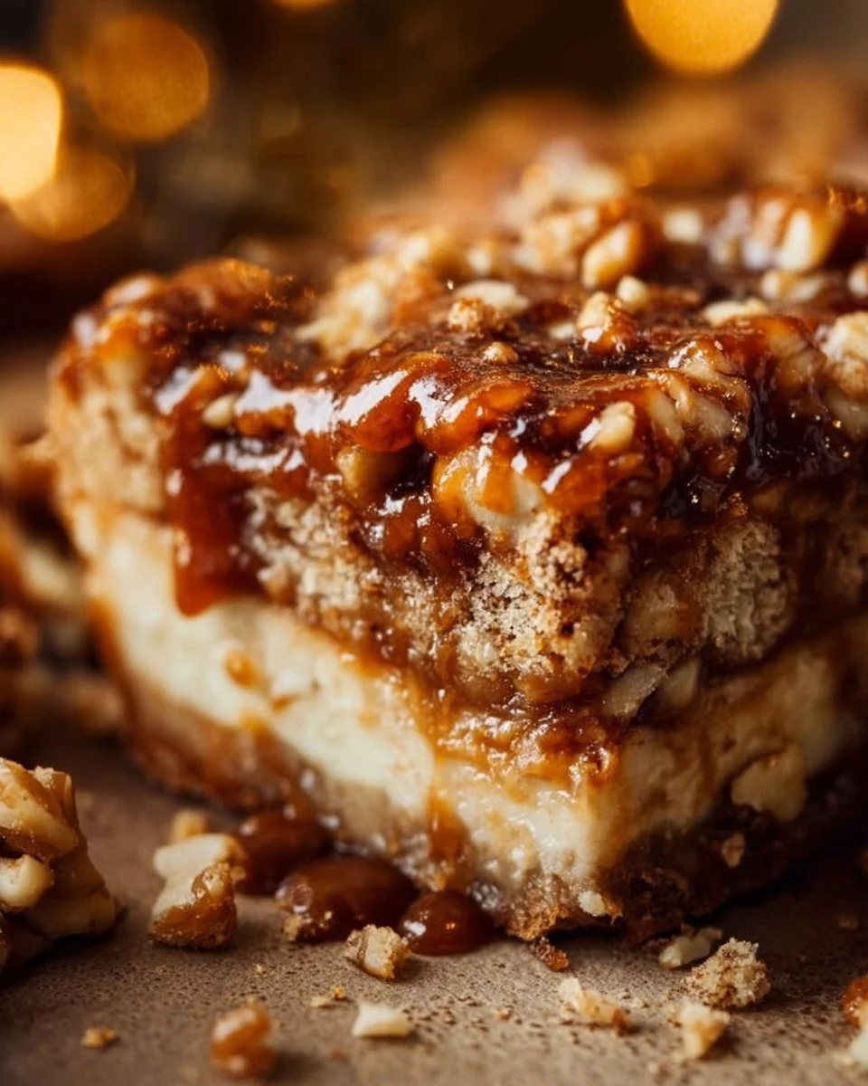 Salted caramel apple pie bars served on a wooden table.