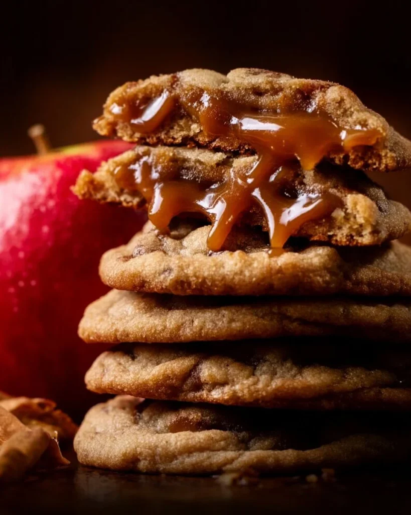 Delicious salted caramel apple pie cookies arranged on a plate.