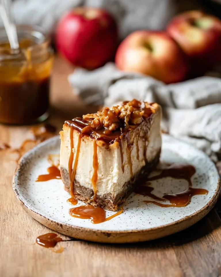 Slice of salted caramel vegan apple crumble cheesecake topped with fresh apples.