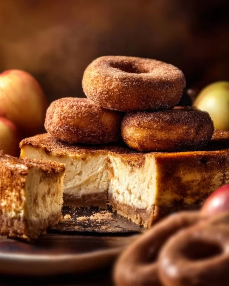Delicious apple cider cheesecake topped with caramel and apple slices