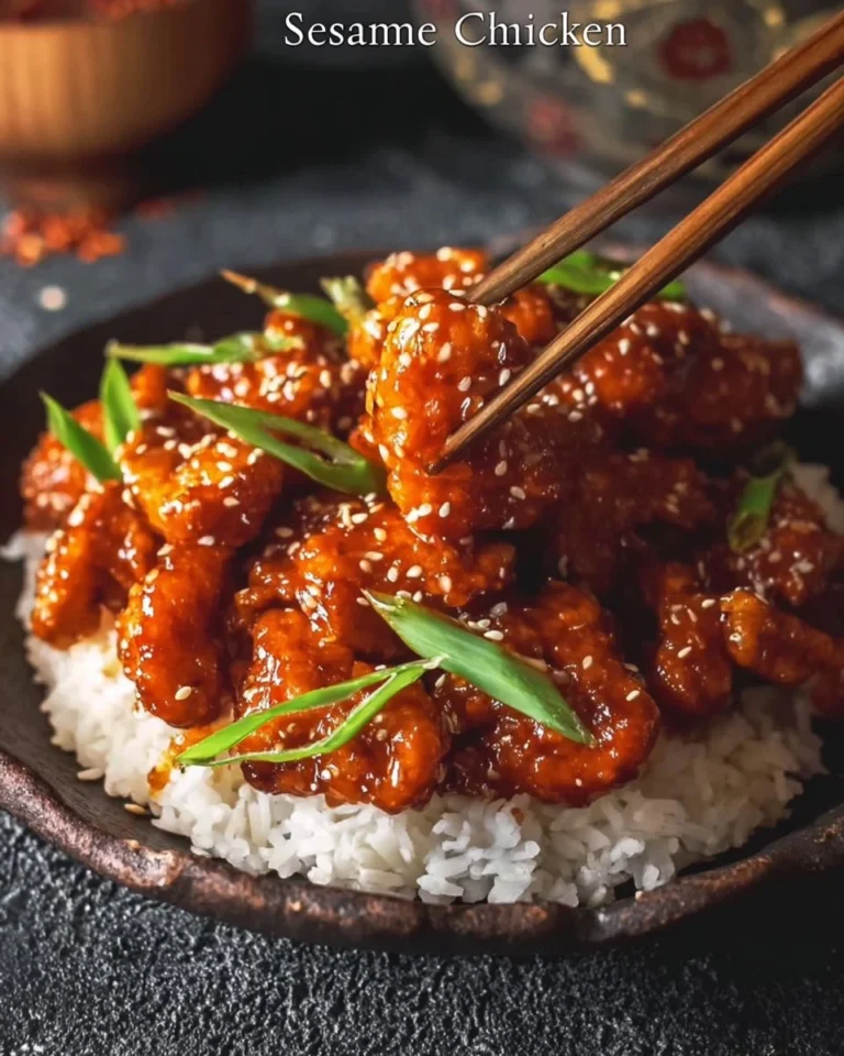 Delicious homemade sesame chicken served with garnish