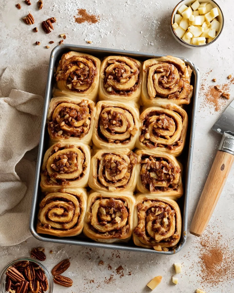 Soft-baked apple cinnamon rolls with icing, fresh apples, and cinnamon spice
