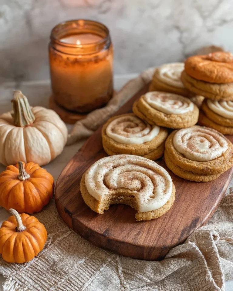Soft pumpkin cookies with cinnamon frosting on a decorative plate.