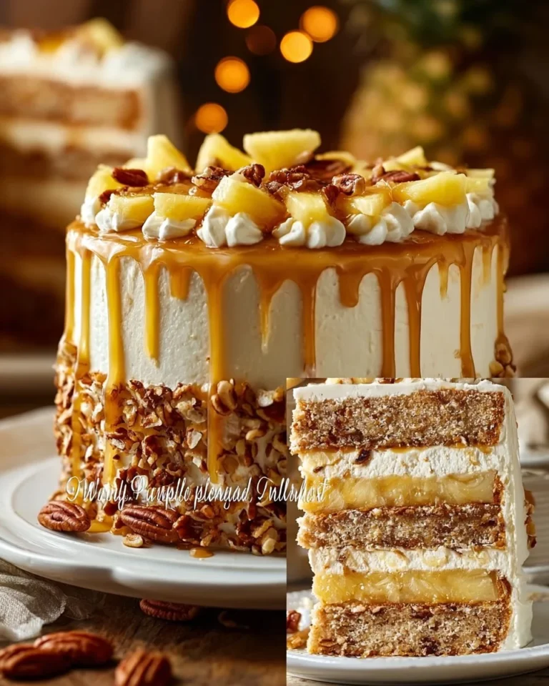 Slice of Southern Creamy Pineapple Pecan Cake topped with pecans and pineapple slices.