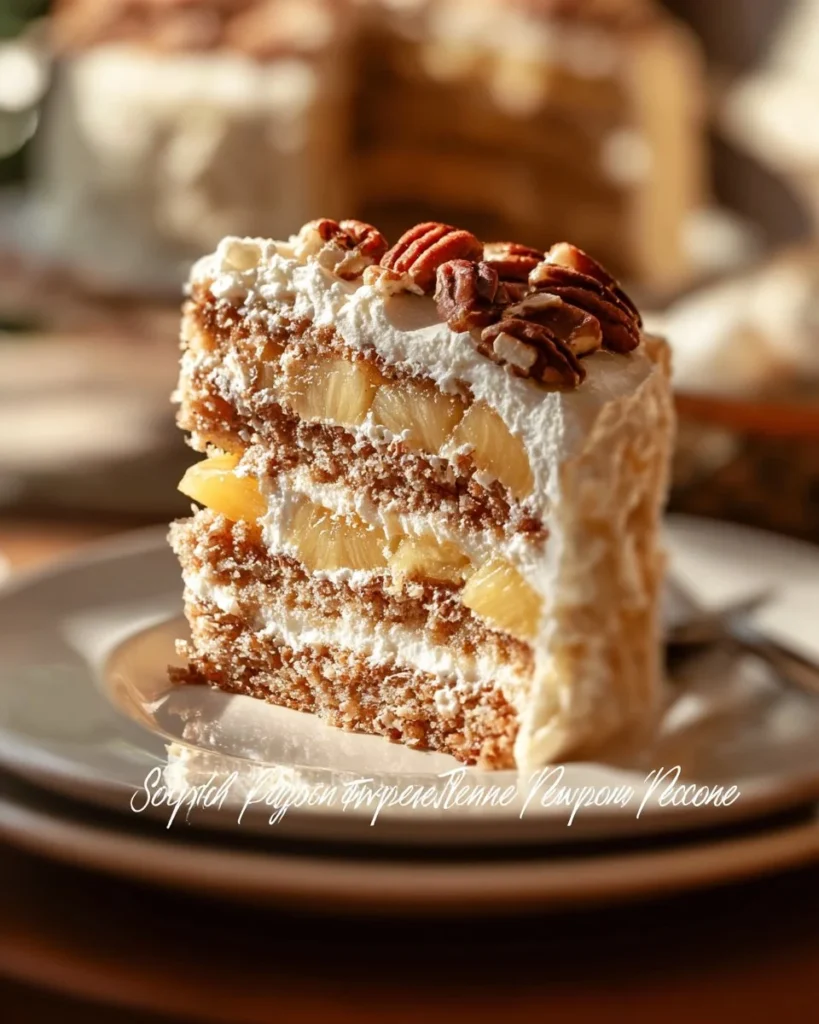 Delicious Southern Creamy Pineapple Pecan Cake topped with pecans and pineapple