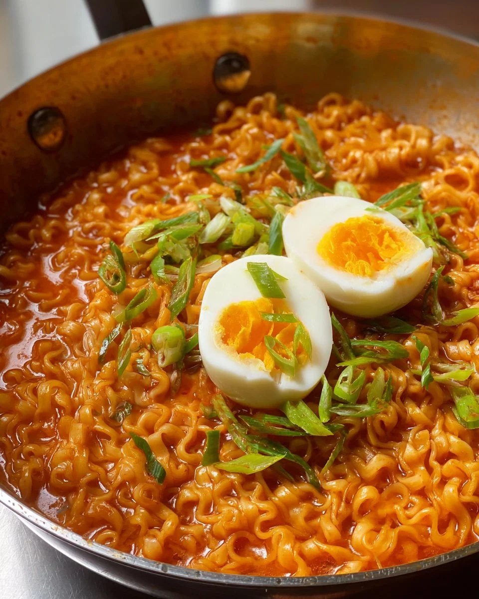 Delicious spicy creamy buldak noodles served in a bowl