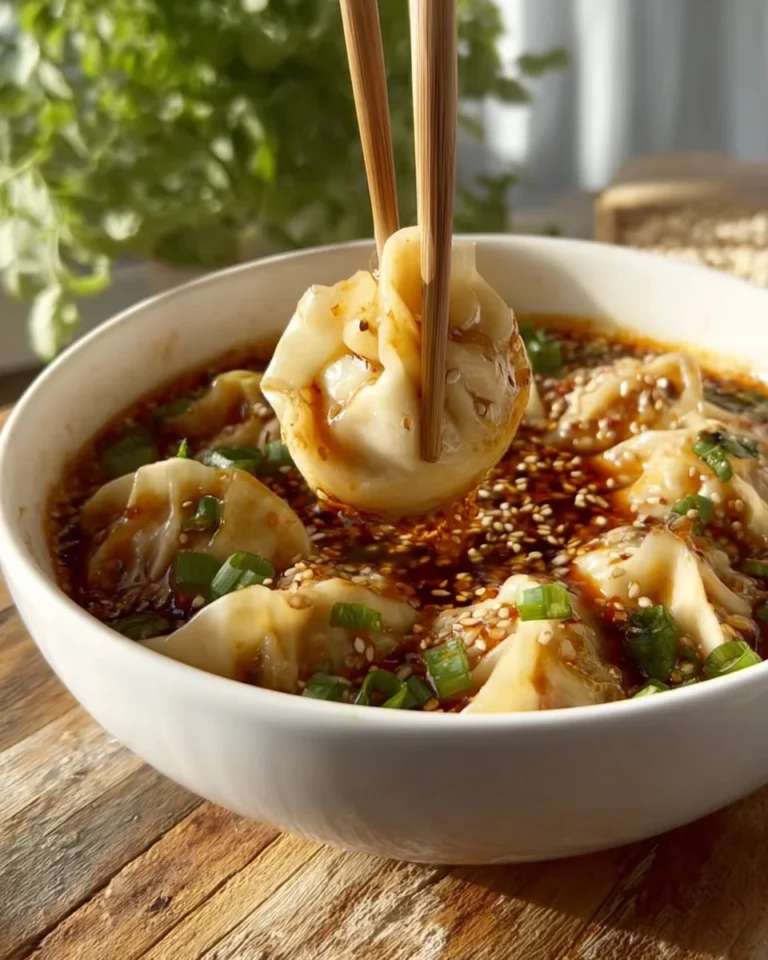 Bowl of spicy dumpling soup garnished with herbs and chili flakes