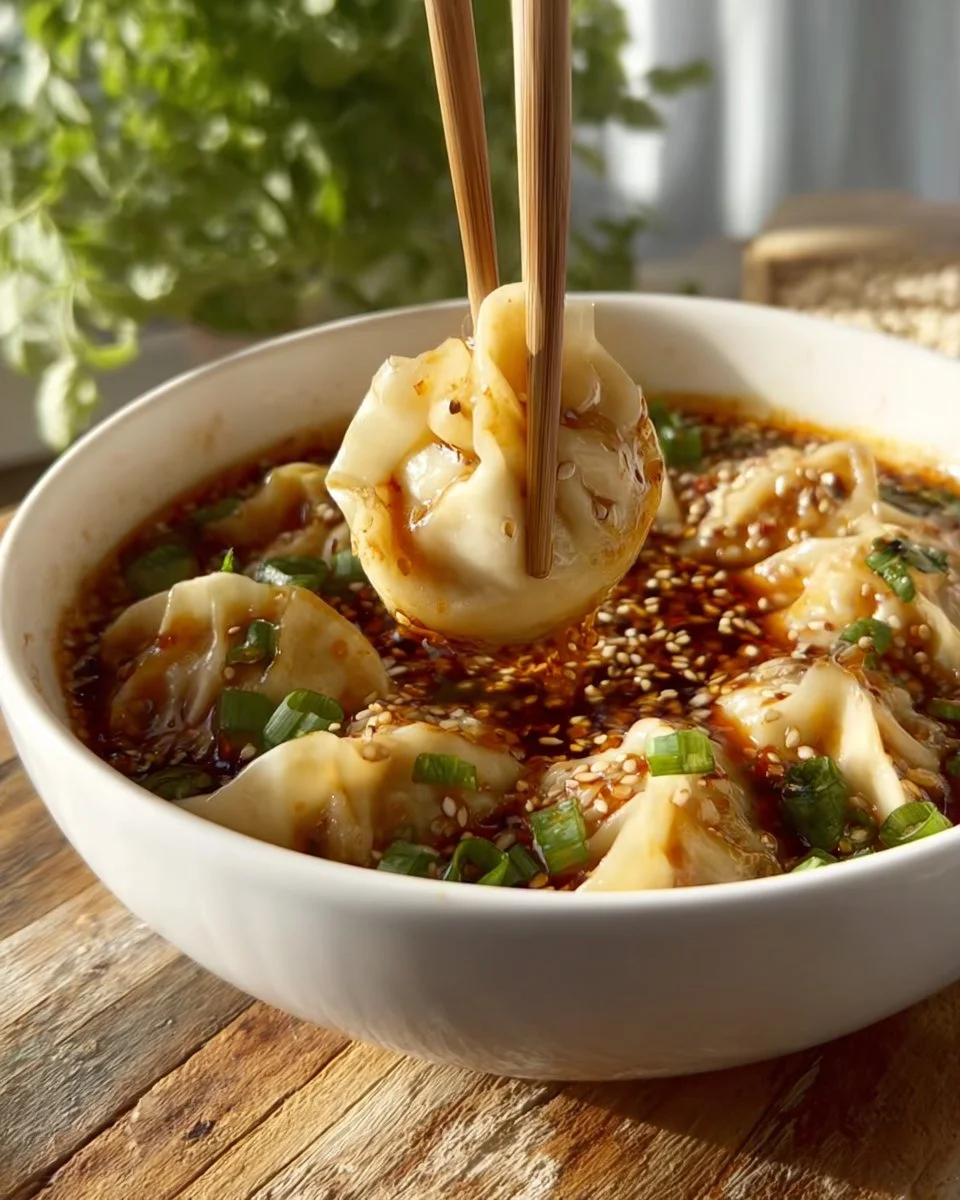 Bowl of spicy dumpling soup garnished with herbs and chili flakes