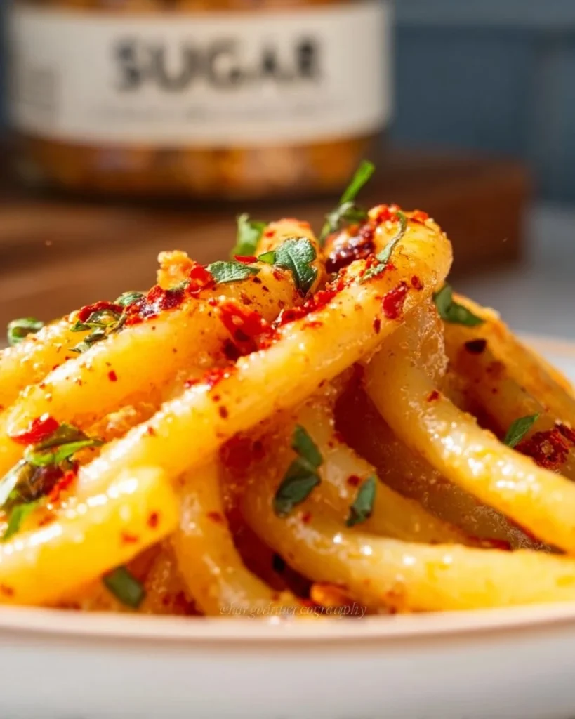 Bowl of spicy potato noodles garnished with vegetables and herbs