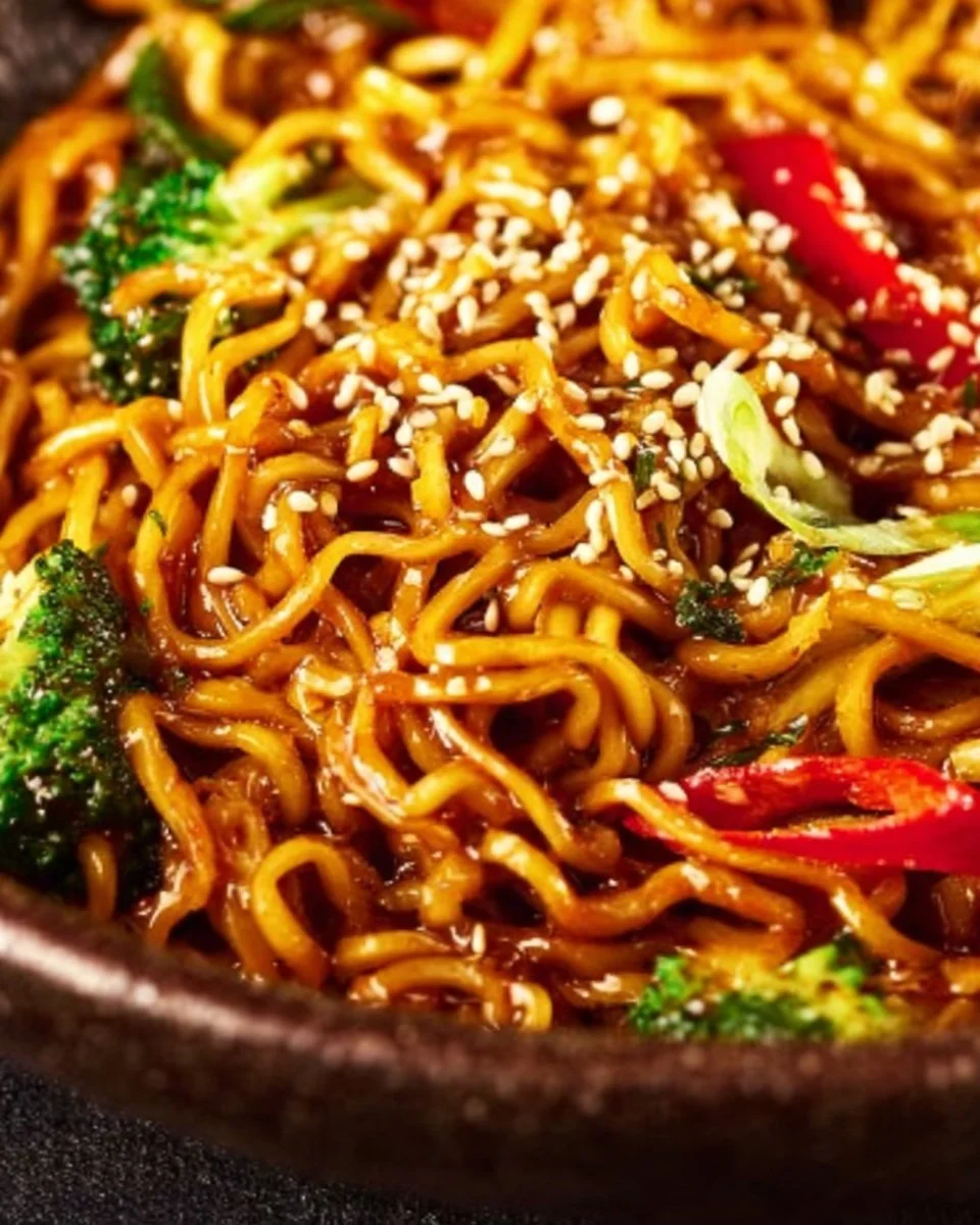 Bowl of spicy ramen with fresh vegetables, showcasing vibrant colors and steam.