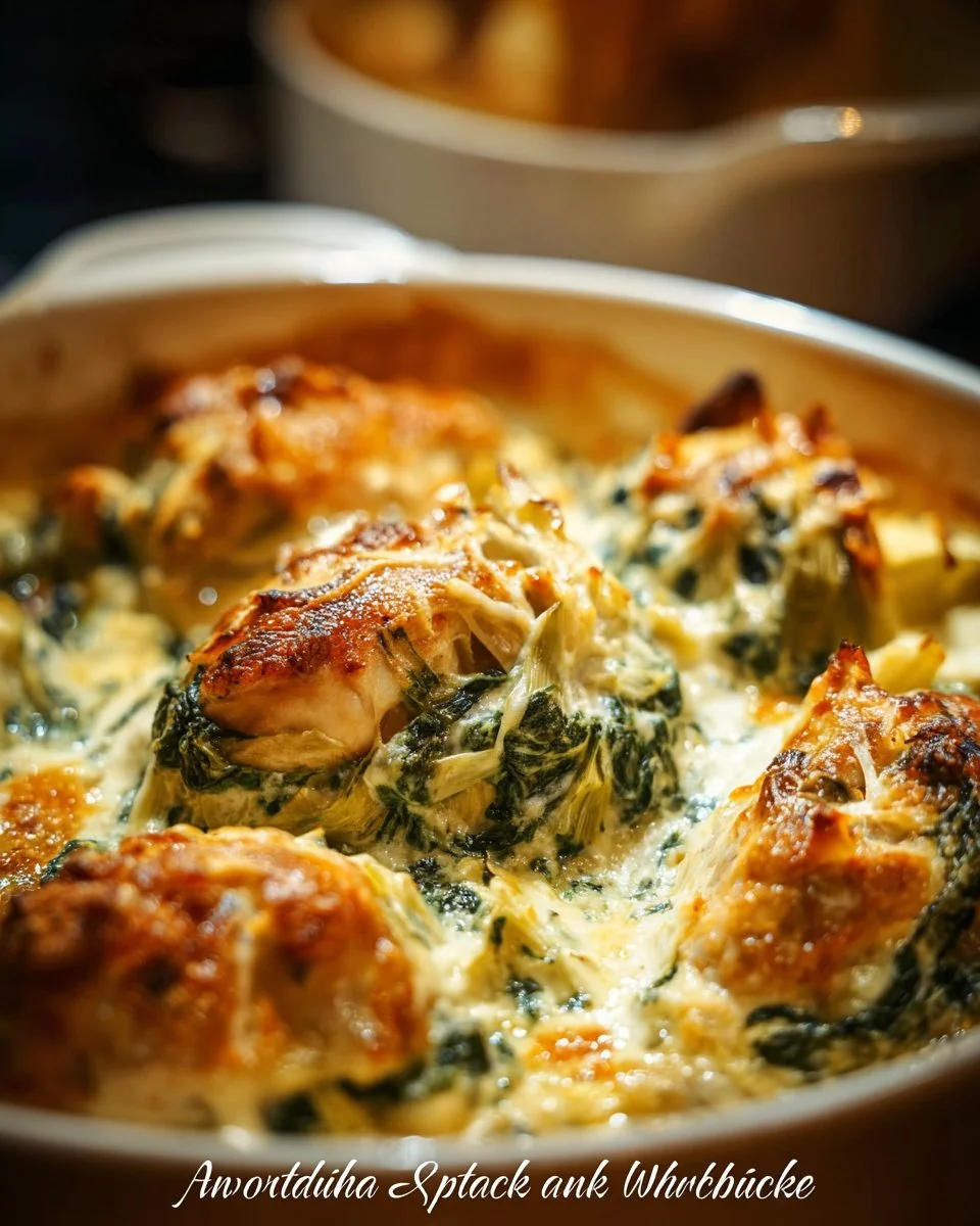 Spinach Artichoke Chicken Bake topped with cheese and herbs