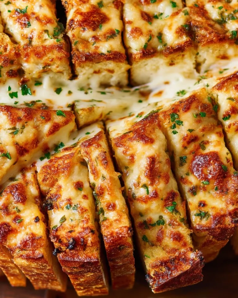 Ultimate cheesy garlic bread topped with melted cheese and garlic