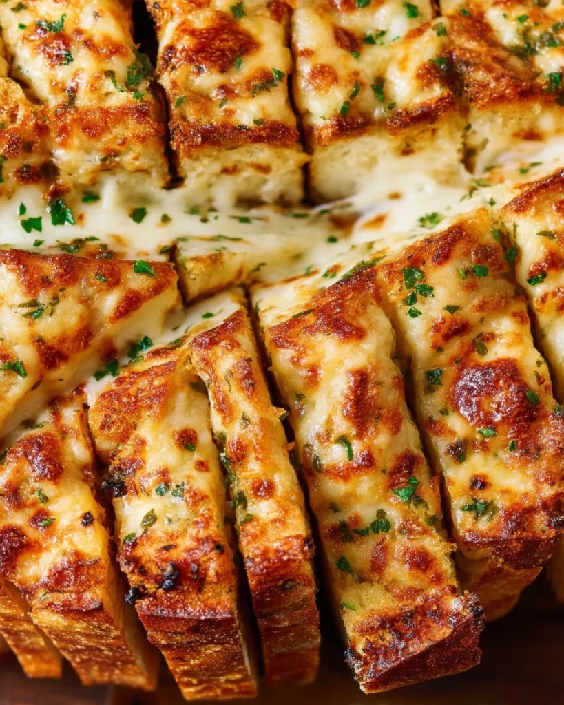 Ultimate cheesy garlic bread topped with melted cheese and garlic