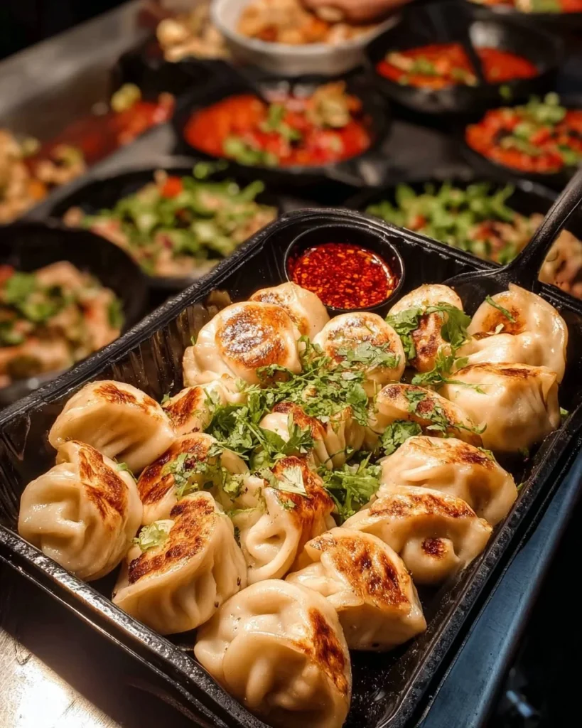 Delicious MOMO dumplings served in a vibrant setting, showcasing Nepali comfort food.