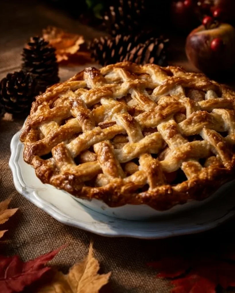 Delicious homemade toffee apple pie with caramel glaze and fresh apple slices