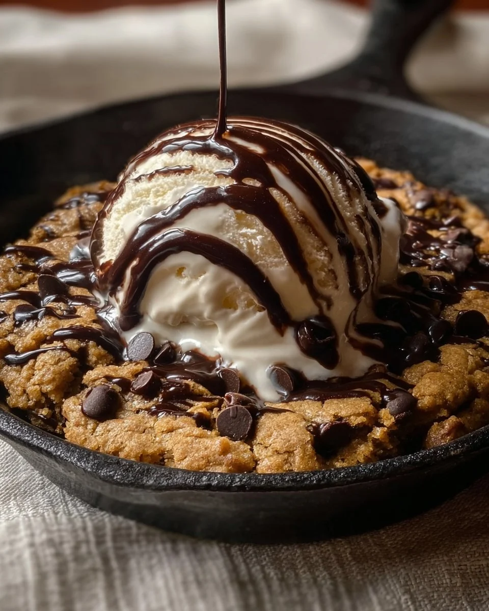 Delicious chocolate chip skillet cookie, warm and gooey from the oven.