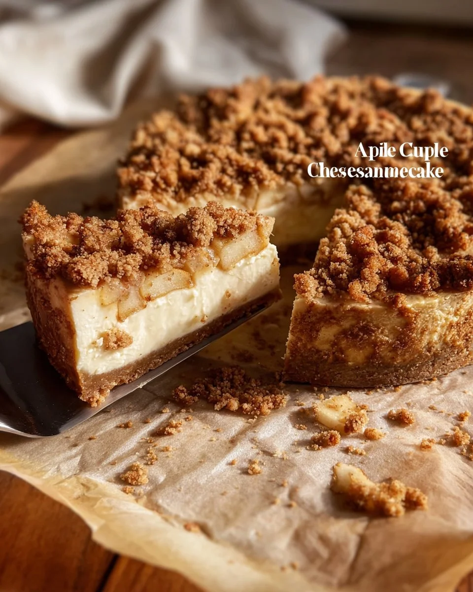 Vegan Apple Crumble Cheesecake topped with apple crumble and cinnamon.