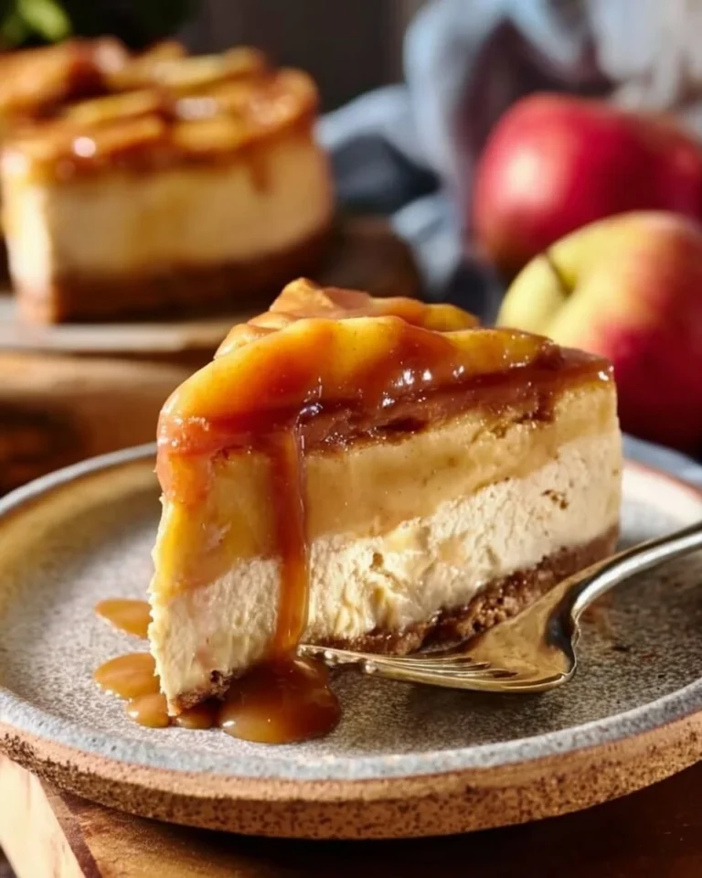 Slice of Vegan Caramel Apple Cheesecake topped with caramel drizzle and apple slices