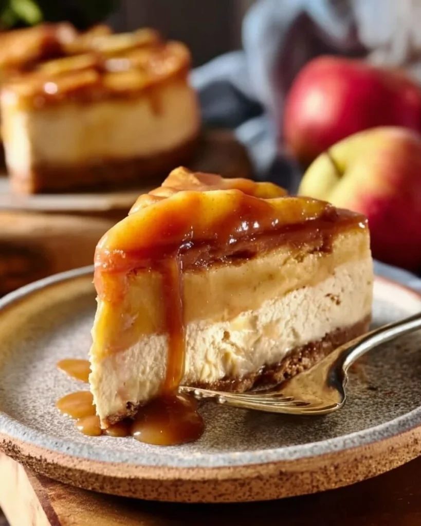 Slice of Vegan Caramel Apple Cheesecake topped with caramel drizzle and apple slices