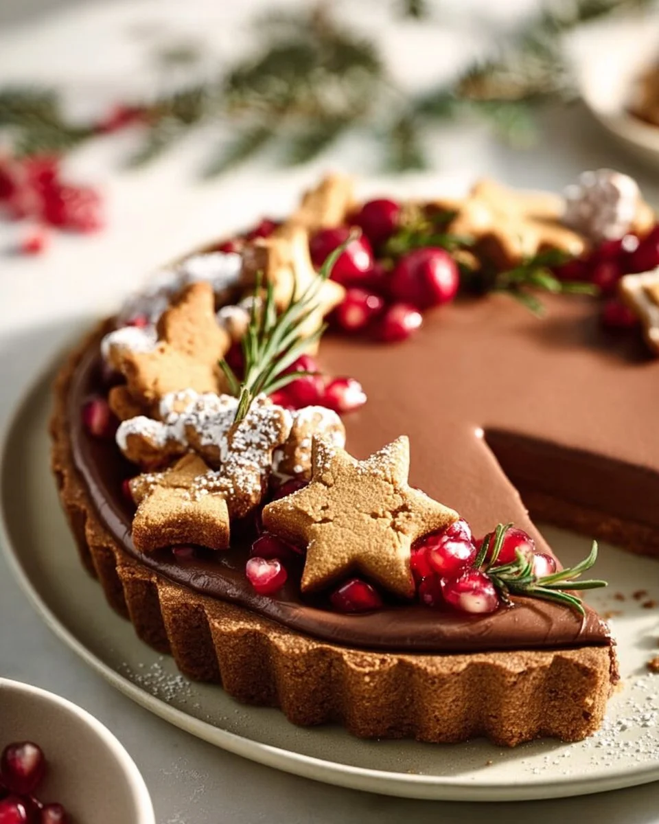 Delicious Vegan Gingerbread Chocolate Tart sliced on a festive plate.