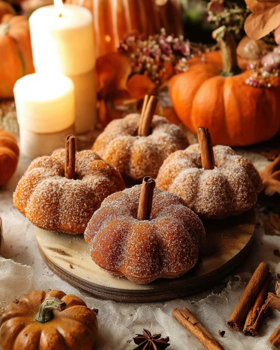 Vegan pumpkin spice doughnuts stacked on a plate, sprinkled with cinnamon.