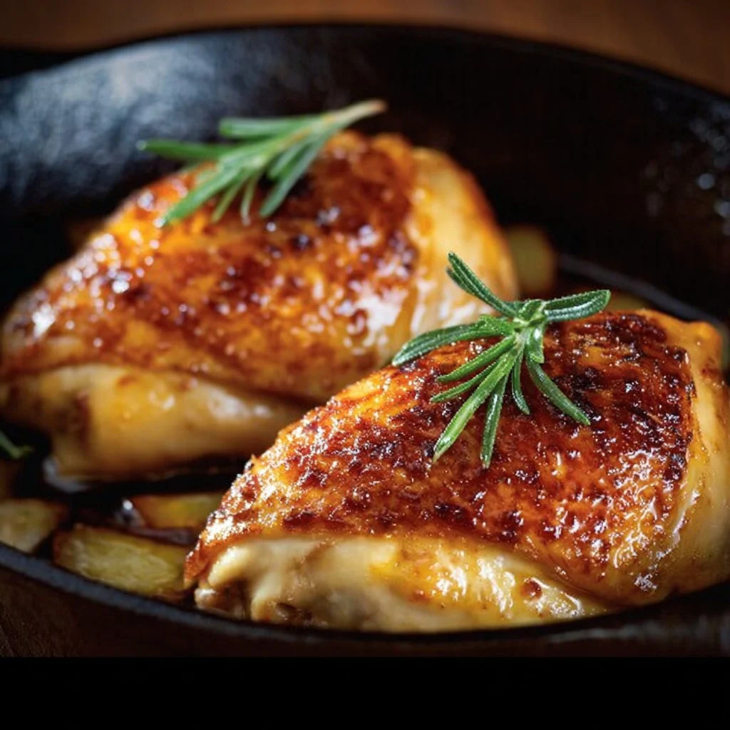 Apple and Brie stuffed chicken drizzled with maple Dijon glaze on a plate.