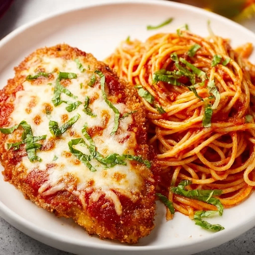 Delicious Baked Chicken Parmesan with crispy crust and marinara sauce