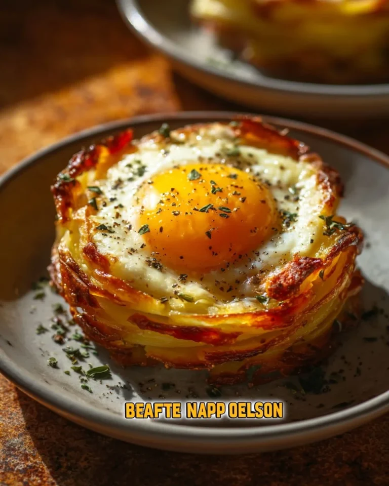 Baked Eggs Napoleon served in a stylish dish with fresh herbs