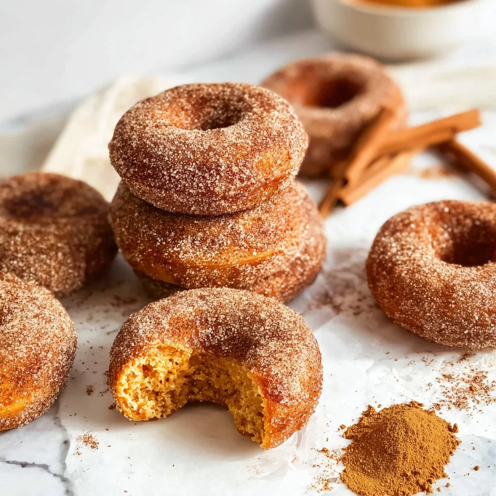 Gluten-free baked pumpkin donuts on a plate, decorated with spices.