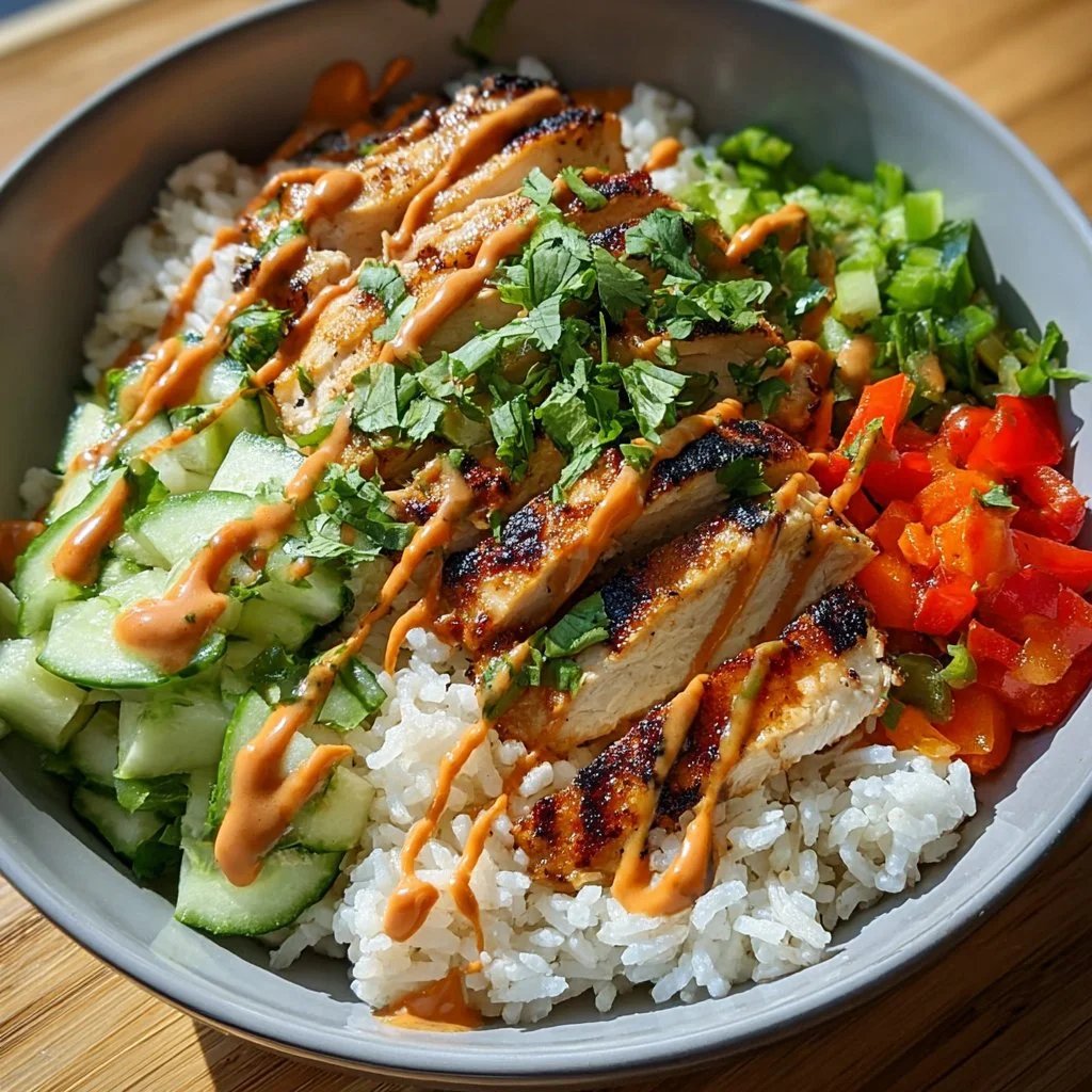 Bang Bang Chicken Bowl with crispy chicken, spicy sauce, and fresh vegetables