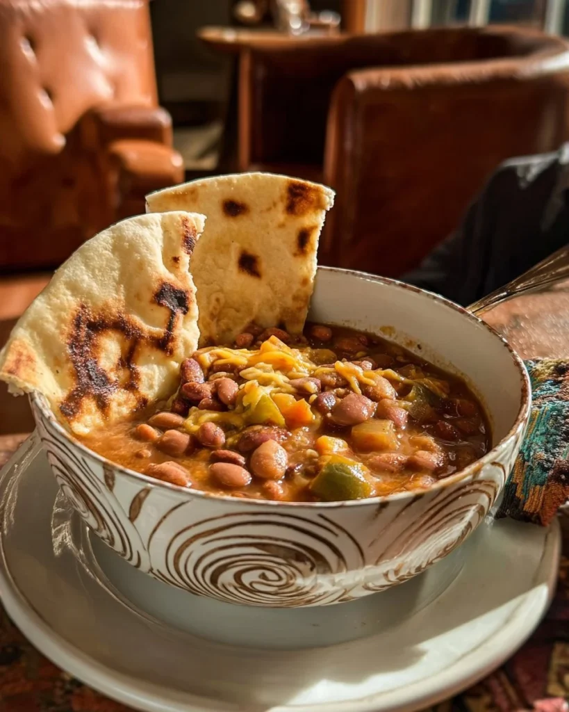 Delicious bean soup with potatoes and green chile in a rustic bowl
