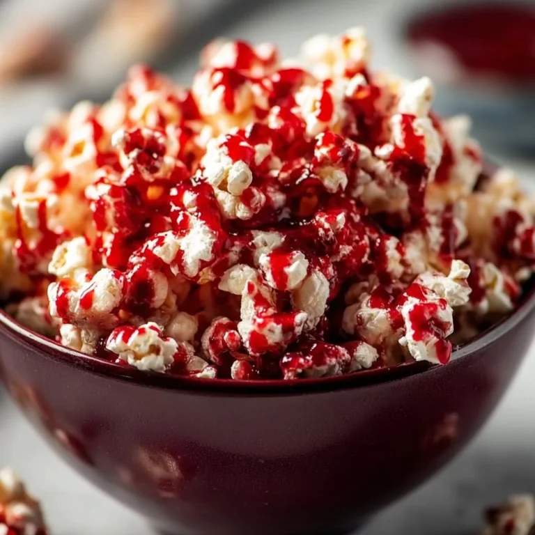 Bloody Red Velvet Popcorn in a bowl, perfect for movie night or special occasions.