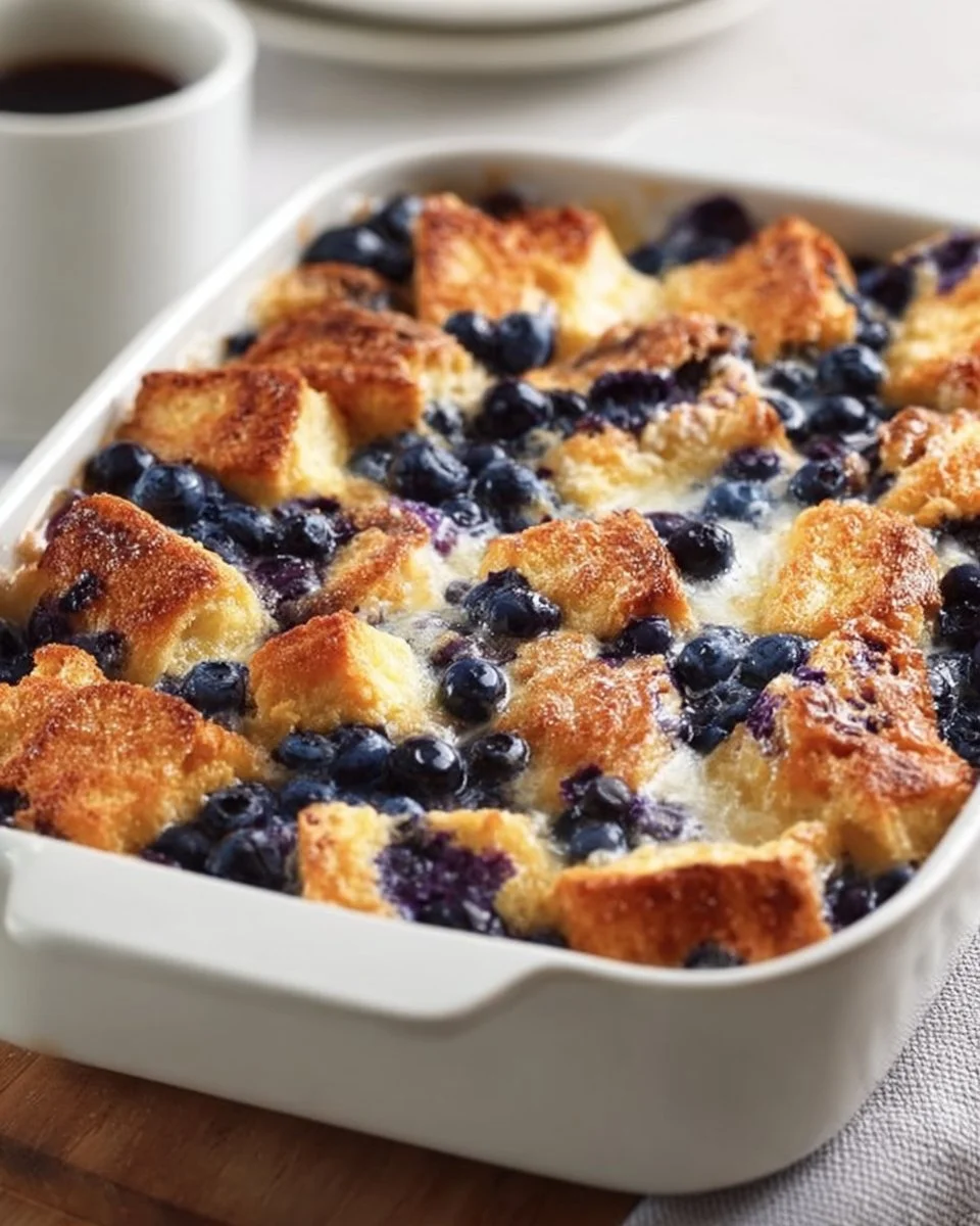 Delicious Blueberry French Toast Casserole served with syrup and fresh blueberries.