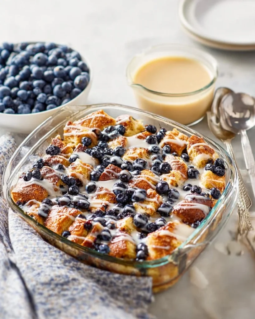 Blueberry French Toast Casserole with Vanilla Glaze on a plate