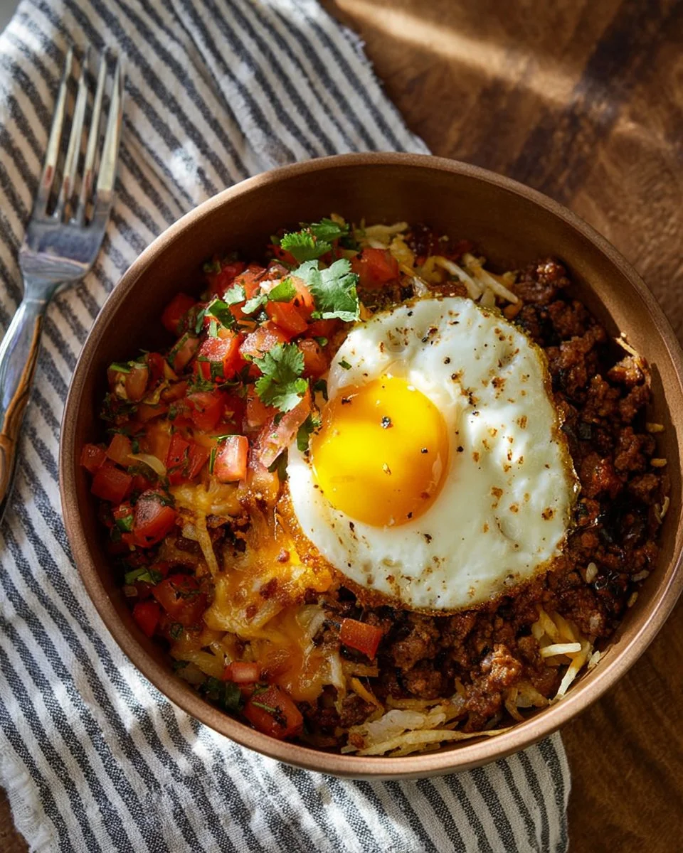 Delicious breakfast chili topped with eggs served in a bowl