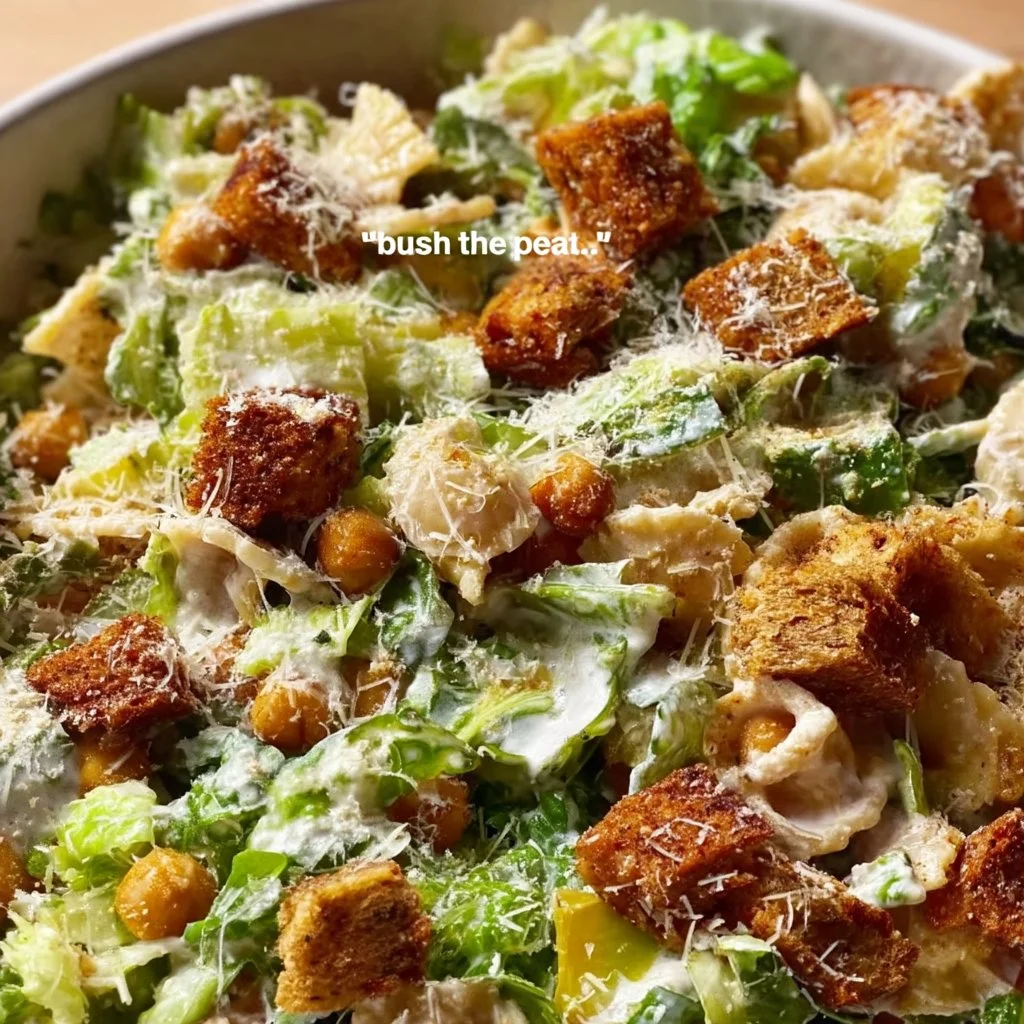 Delicious Caesar Pasta Salad topped with crispy chickpea croutons