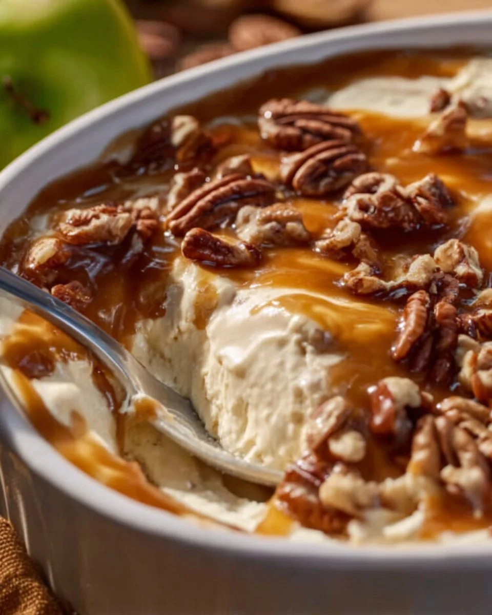 Creamy Caramel Apple Cheesecake Dip served in a bowl