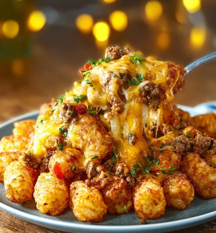 Delicious cheeseburger tater tot casserole in a baking dish