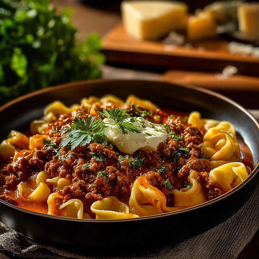 Cheesy beef enchiladas tortellini served with fresh toppings for a delightful meal
