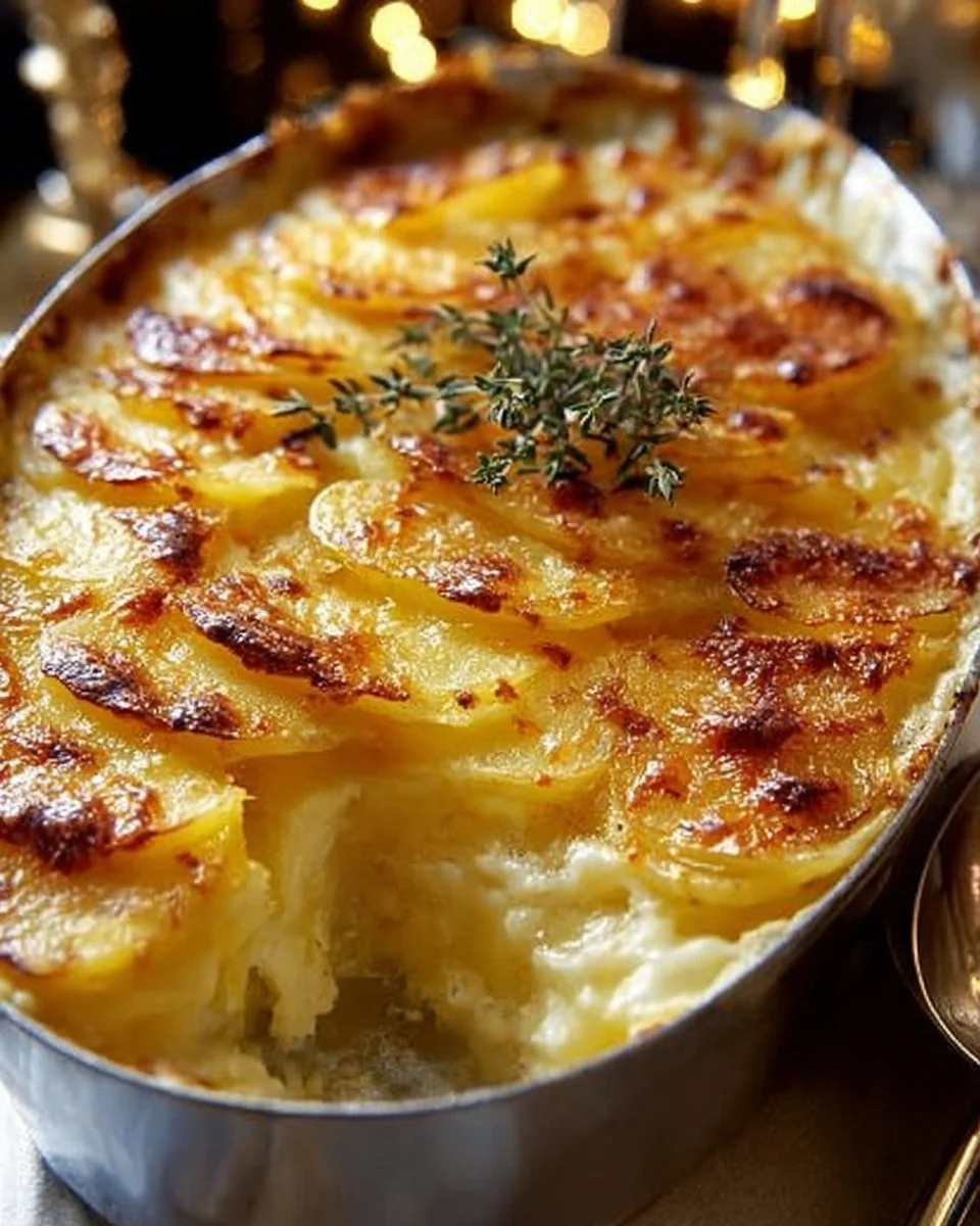 Cheesy garlic potatoes gratin baked to golden perfection