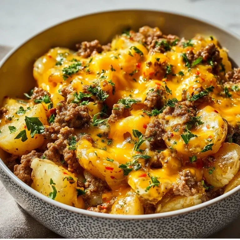 Cheesy ground beef and potato casserole in a baking dish
