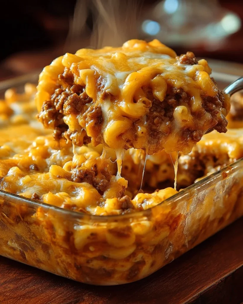 Cheesy Hamburger Casserole topped with melted cheese and herbs