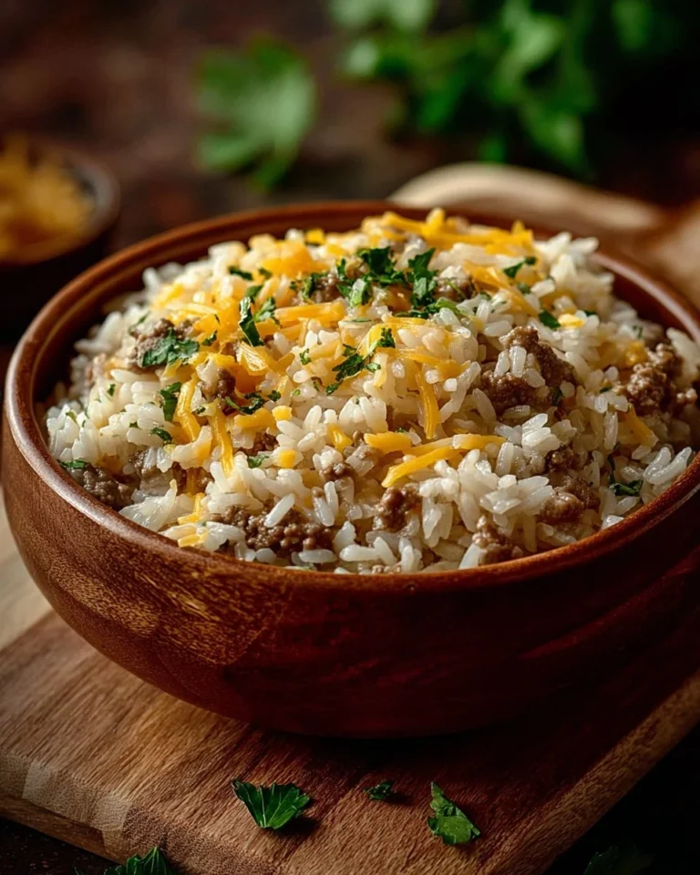 Delicious cheesy hamburger rice casserole topped with melted cheese.