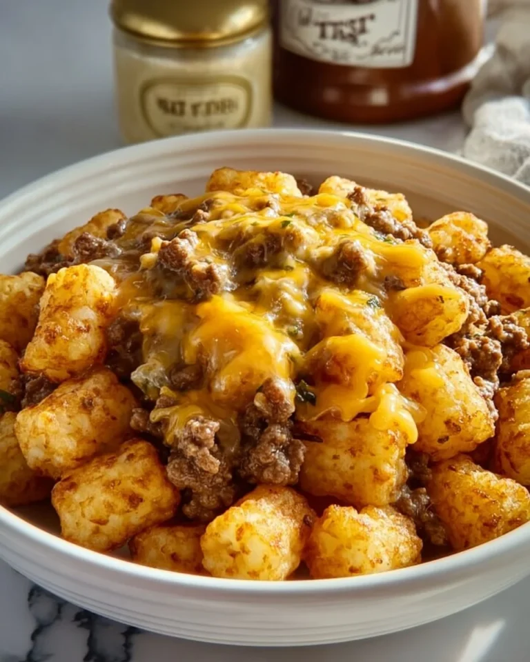 Cheesy Tater Tot Casserole topped with melted cheese and crispy tots