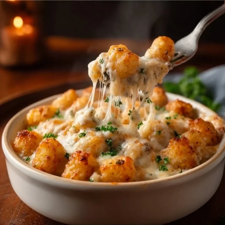 Delicious Chicken Alfredo Tater Tot Casserole served in a baking dish