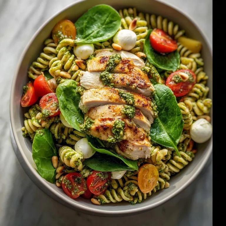 A colorful bowl of Chicken Pesto Pasta Salad with fresh ingredients and herbs.