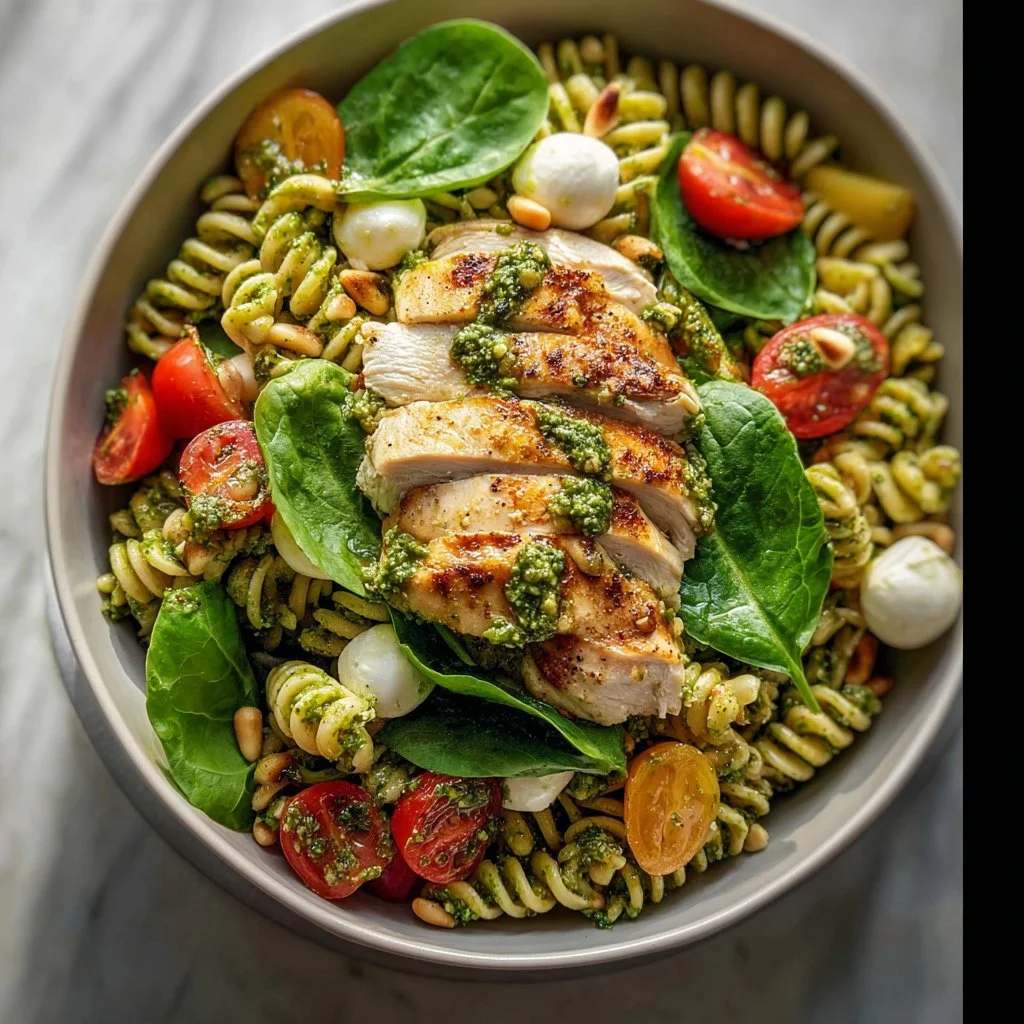 A colorful bowl of Chicken Pesto Pasta Salad with fresh ingredients and herbs.