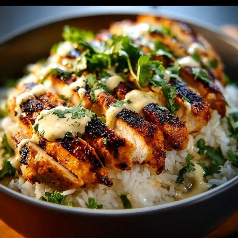 Delicious Chicken & Rice Bowls with creamy garlic sauce served in a bowl