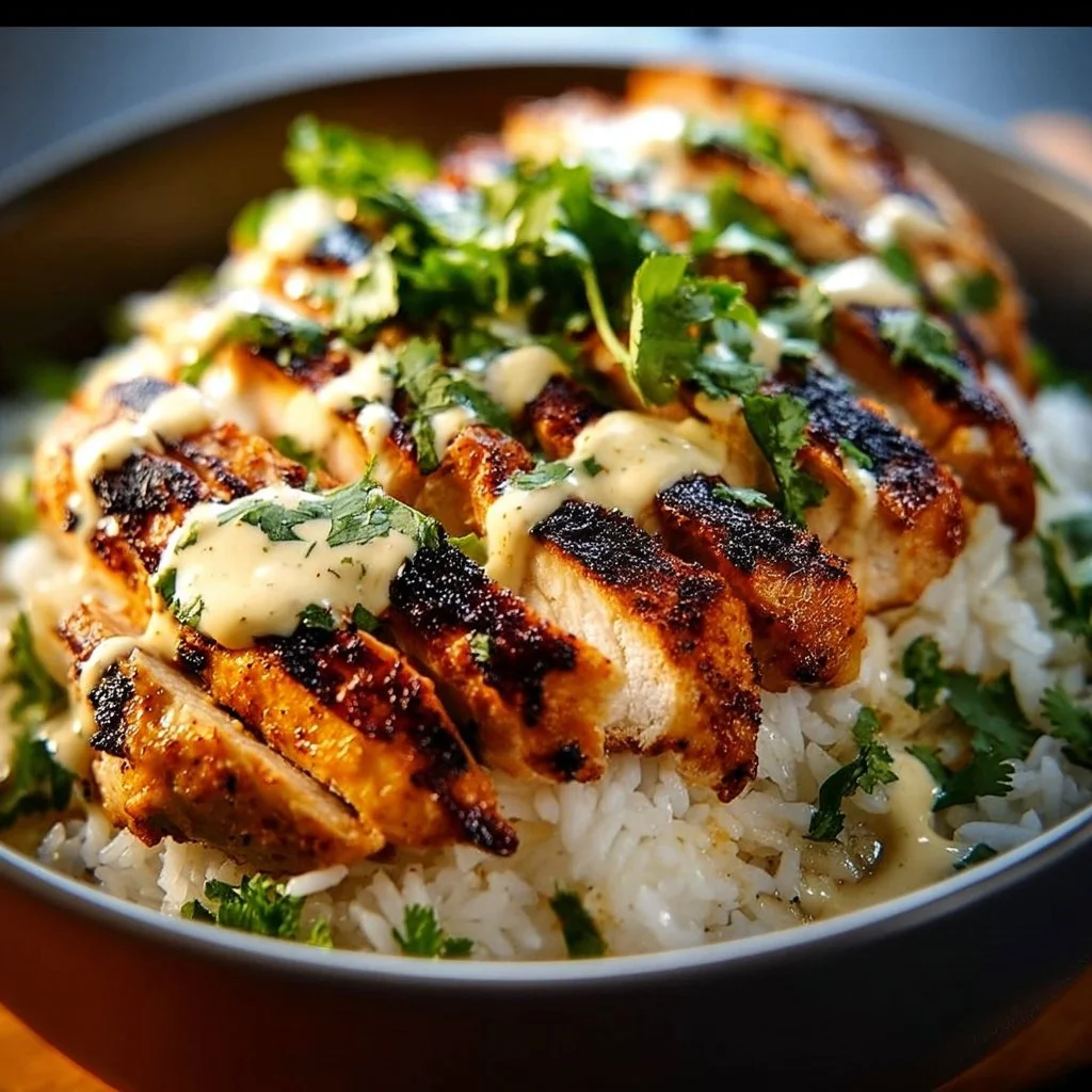 Delicious Chicken & Rice Bowls with creamy garlic sauce served in a bowl